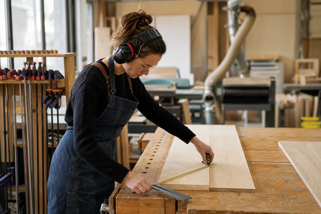Débutant équipé mesurant une planche sur l’établi d’un atelier partagé.
