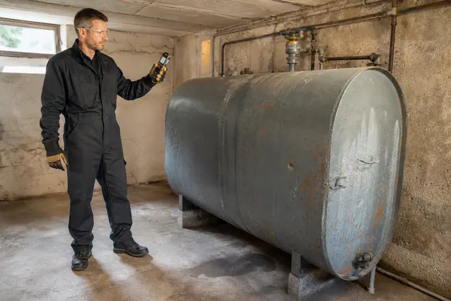 Technicien équipé inspectant une ancienne cuve métallique dans un sous-sol sécurisé