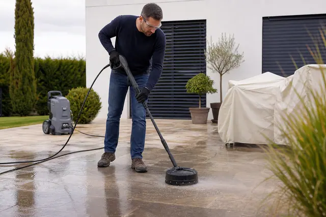 Particulier nettoyant une terrasse en dalles avec un accessoire basse pression