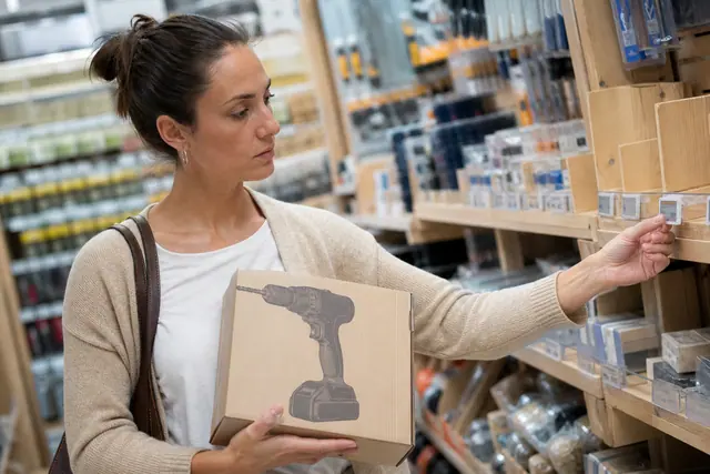Cliente comparant une étiquette de rayon et un article de bricolage