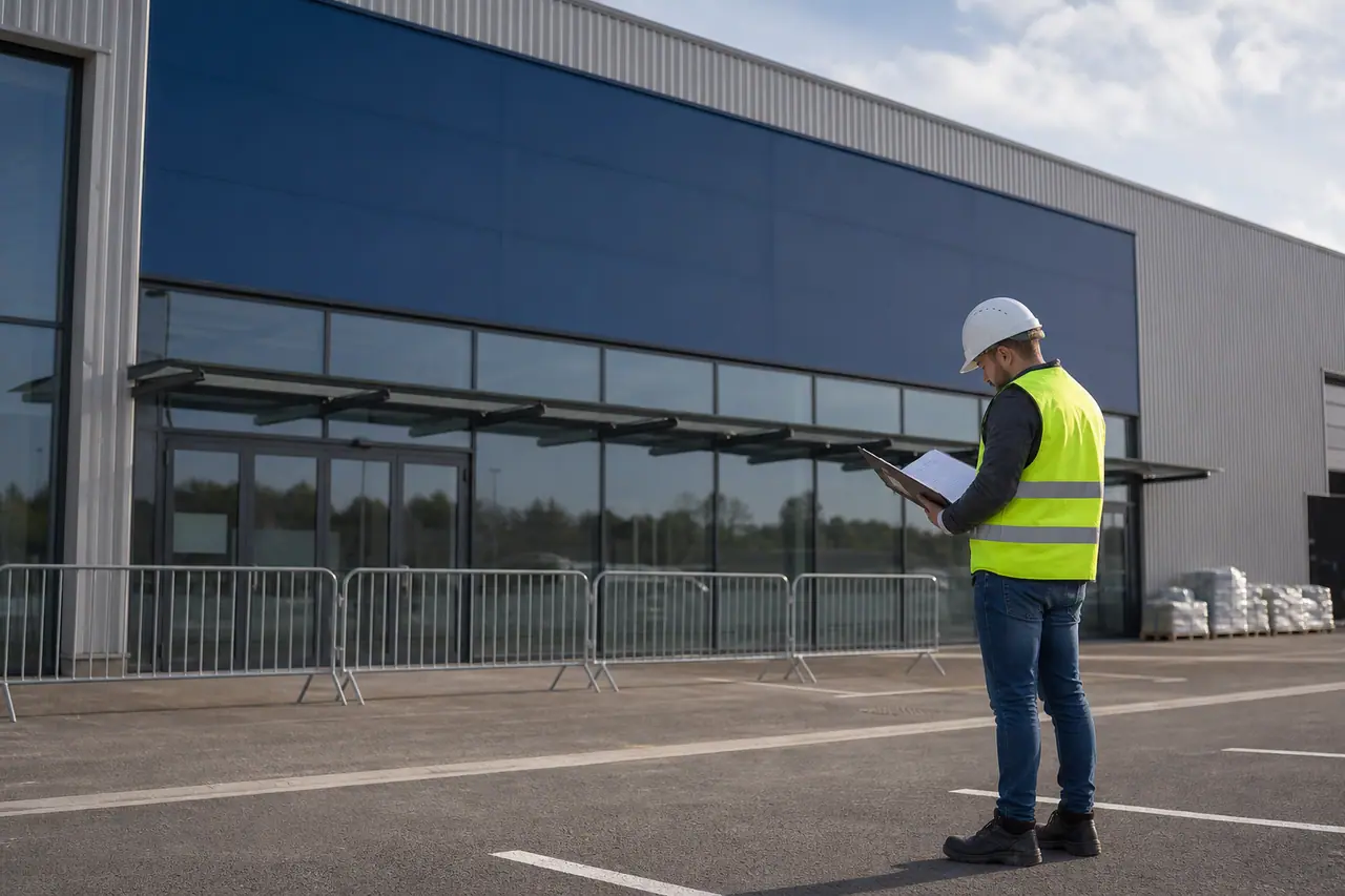 Entrée d’un grand magasin neuf fermée derrière des barrières de chantier