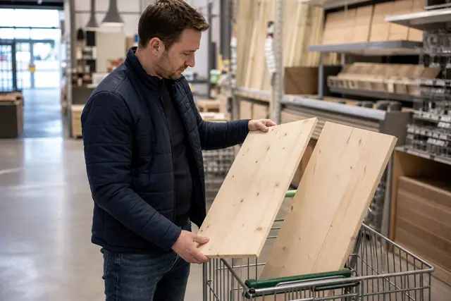 Client comparant deux panneaux de bois dans un magasin de bricolage.