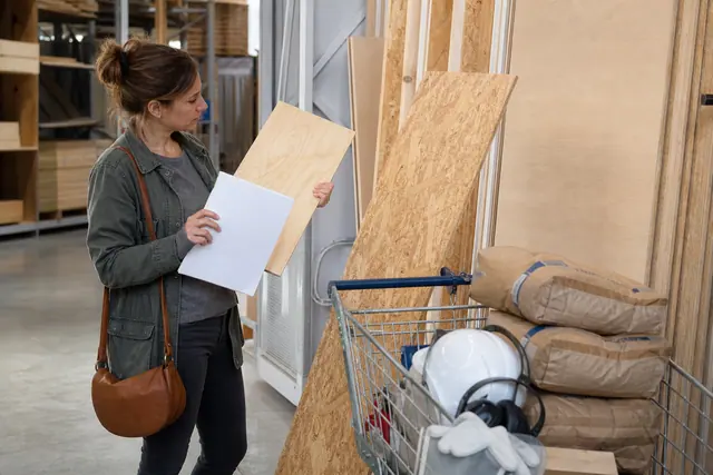 Cliente comparant des panneaux de bois dans un magasin de bricolage.