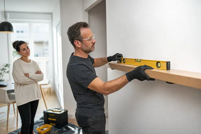 Professionnel vérifiant au niveau une étagère fixée dans un appartement lumineux.