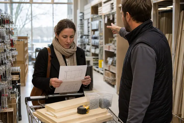Cliente préparant ses achats avec un conseiller dans un magasin de bricolage.