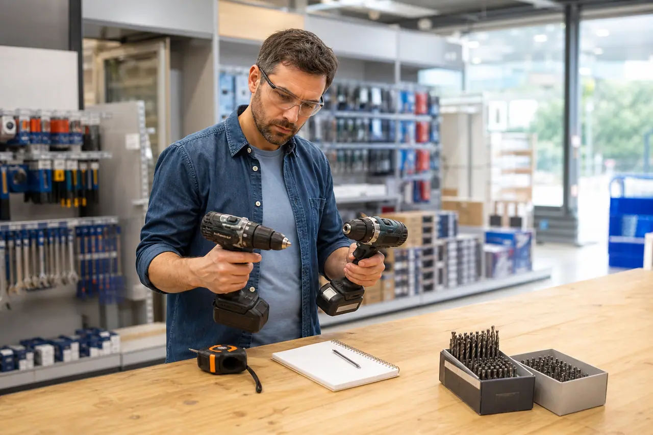 Particulier comparant deux perceuses-visseuses sur un établi de magasin de bricolage.