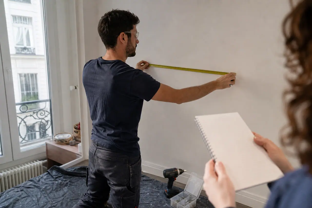 Professionnel mesurant un mur avant la pose d’une étagère chez un particulier