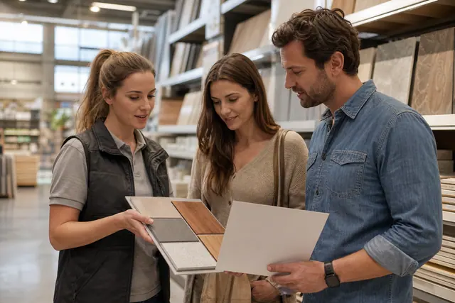 Conseillère aide un couple à comparer des matériaux dans un magasin de bricolage.