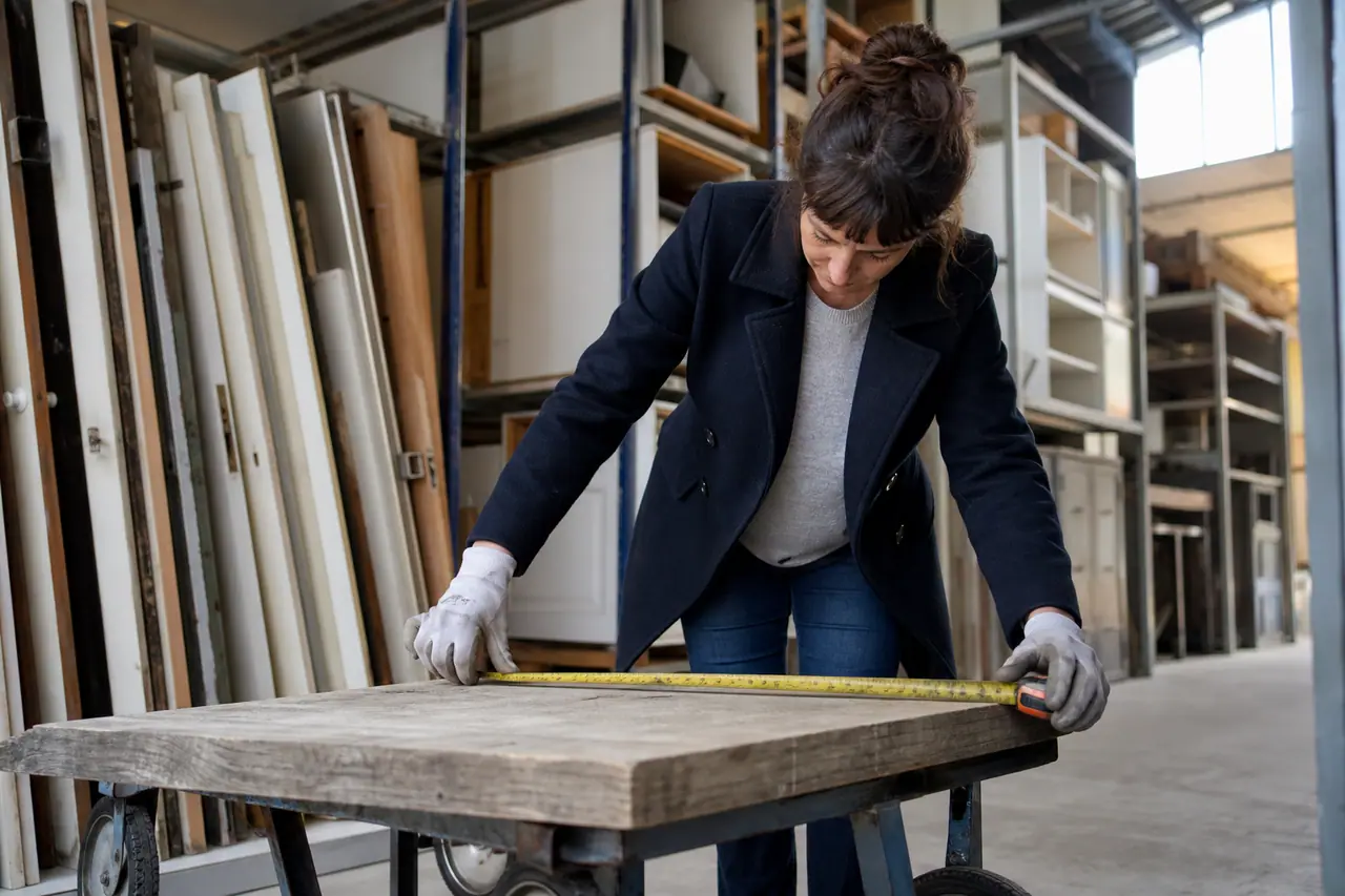 Bricoleuse mesurant une planche de bois récupérée dans une matériauthèque