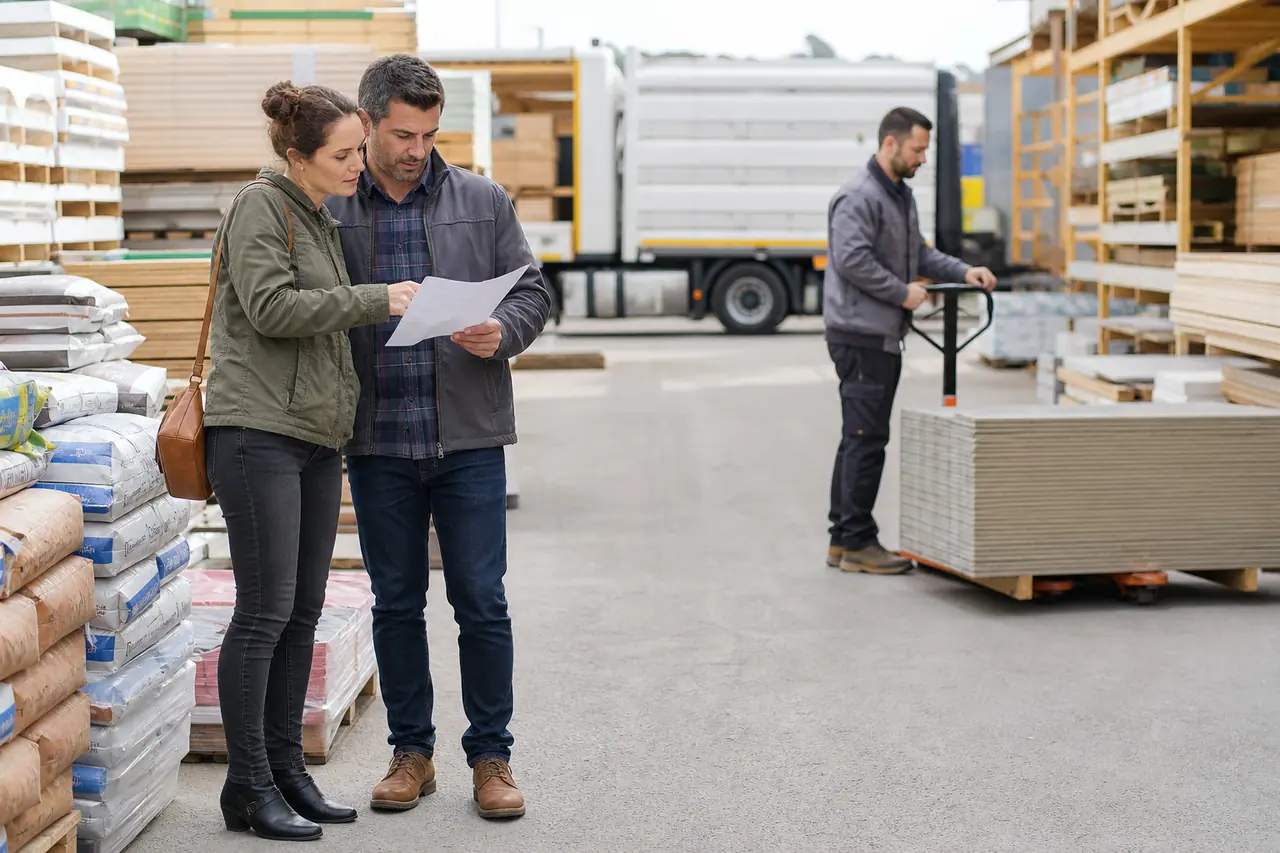 Clients comparent des matériaux devant des palettes dans une cour de bricolage.