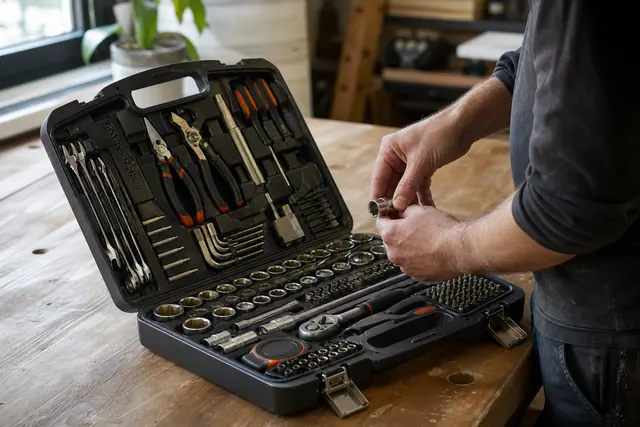 Coffret d’outils manuel ouvert avec douilles, pinces, embouts et cliquet rangés.