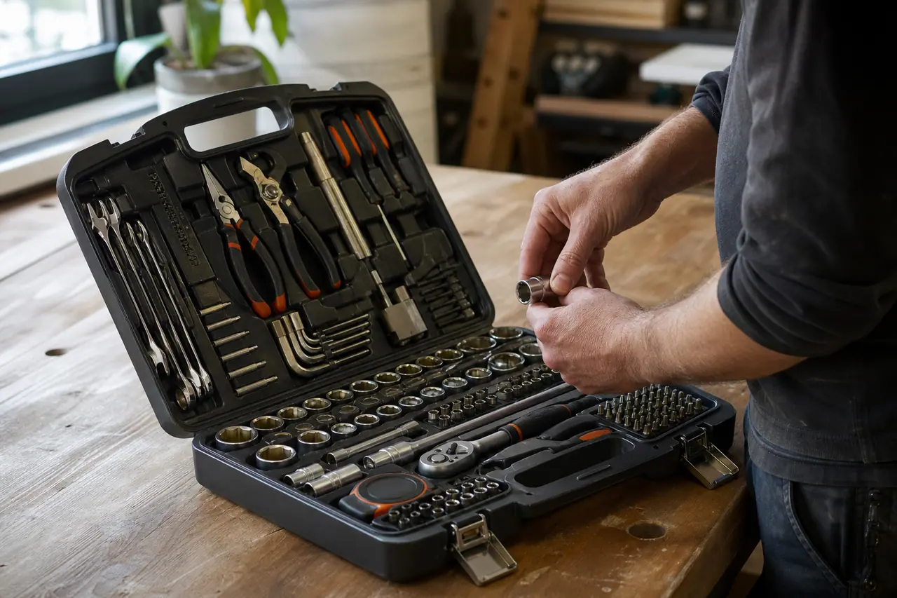 Coffret d’outils manuel ouvert avec douilles, pinces, embouts et cliquet rangés.