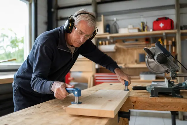 Bricoleur équipé fixant une planche sur un établi rangé et éclairé.