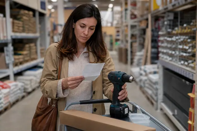 Cliente vérifiant une facture et une perceuse dans une allée de bricolage.