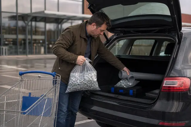 Client charge des fournitures de dépannage dans son véhicule sur un parking.