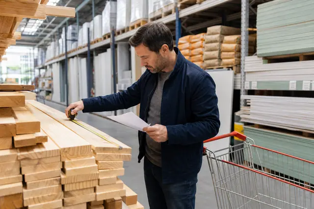 Client mesurant une planche dans le rayon matériaux d’un magasin de bricolage.