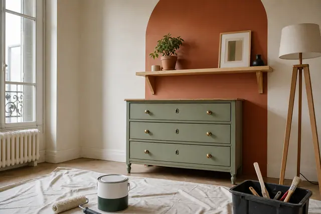 Coin salon relooké avec arche terracotta, commode vert sauge et étagère en bois.