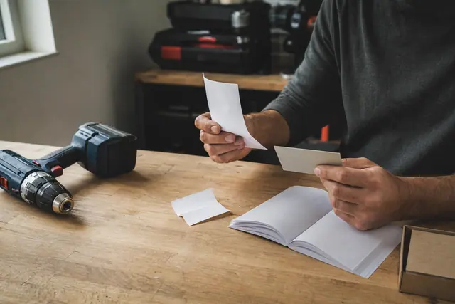 Facture, carte cadeau et perceuse rangées sur un établi domestique.