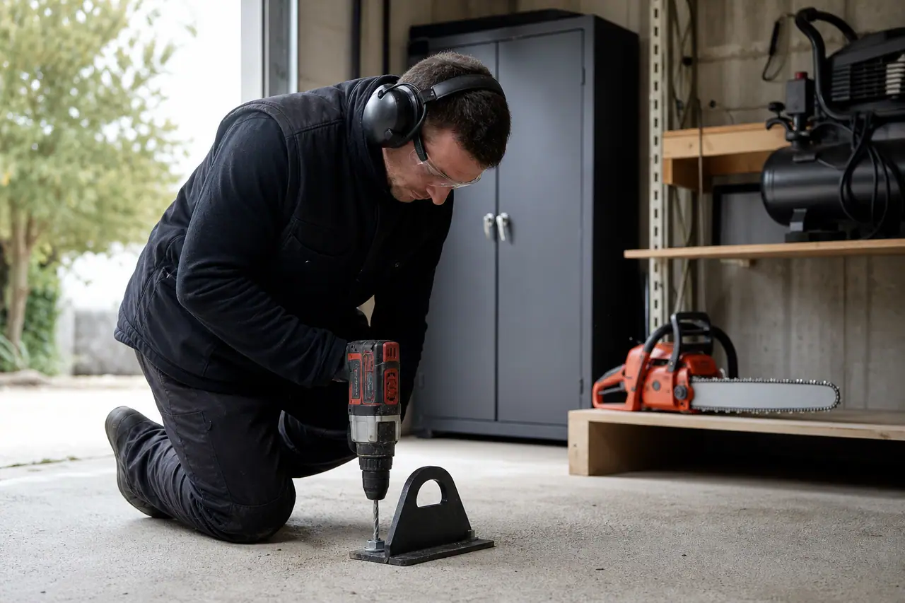 Ancrage antivol posé dans un garage pour immobiliser des machines de bricolage.