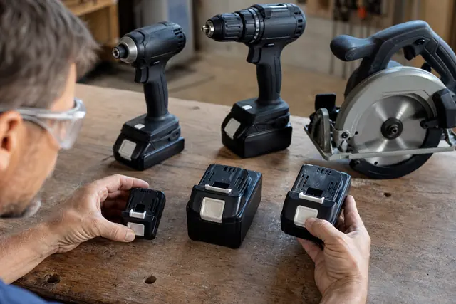 Batteries d’outillage de tailles différentes comparées sur un établi avec outils sans fil.