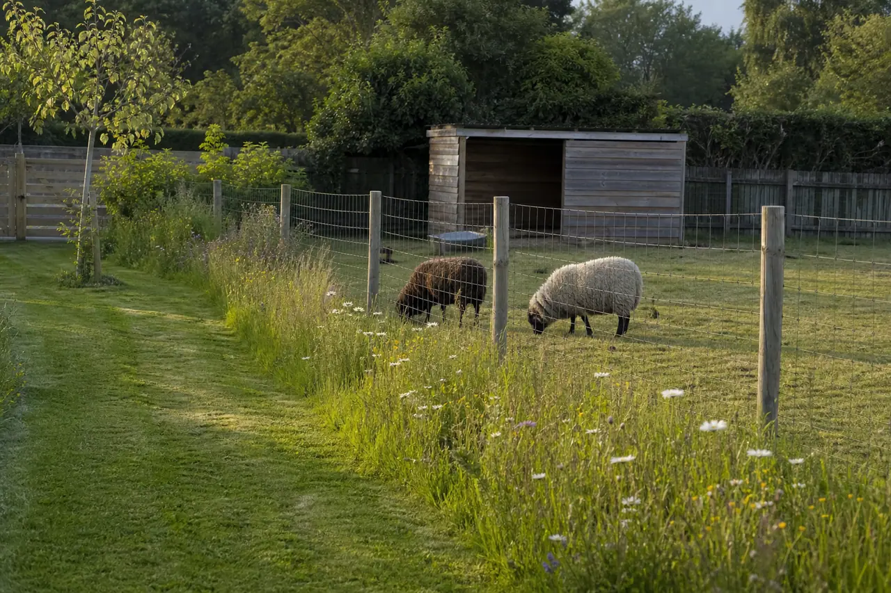Deux moutons broutent dans un grand jardin clôturé avec prairie fleurie.