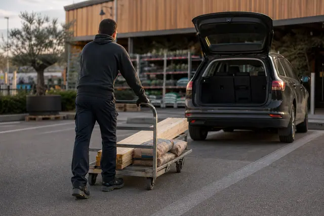 Client chargeant prudemment des matériaux dans une voiture devant un magasin de bricolage.