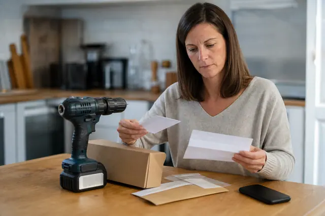Cliente préparant une demande de SAV avec perceuse et preuves d’achat.
