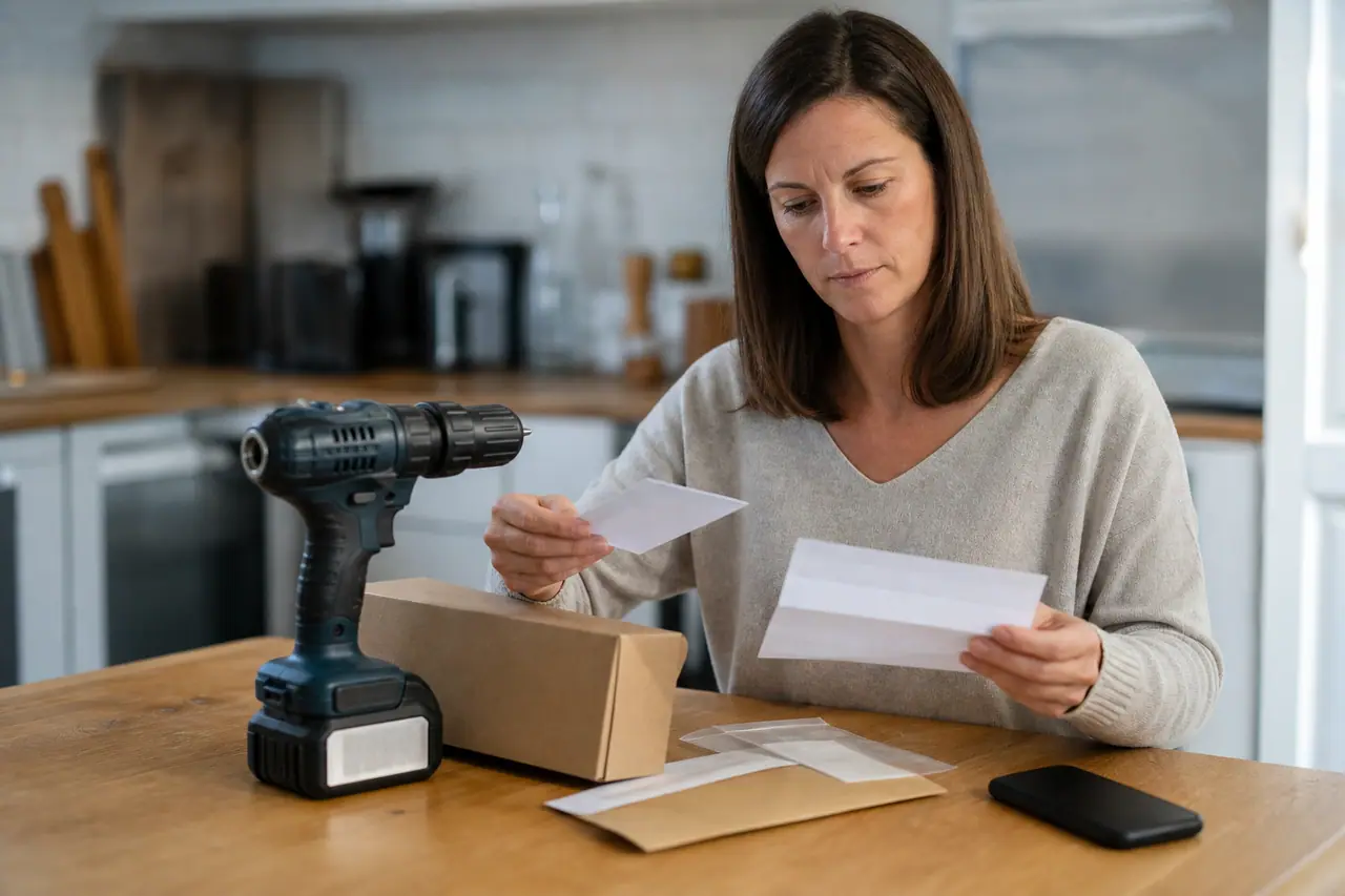 Cliente préparant une demande de SAV avec perceuse et preuves d’achat.