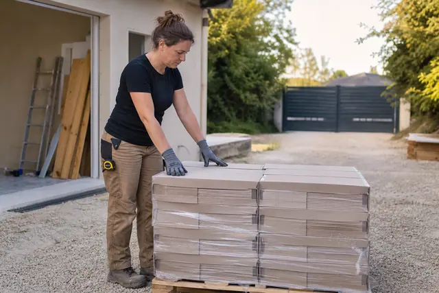 Bricoleuse contrôlant des cartons de carrelage livrés sur palette dans une cour.