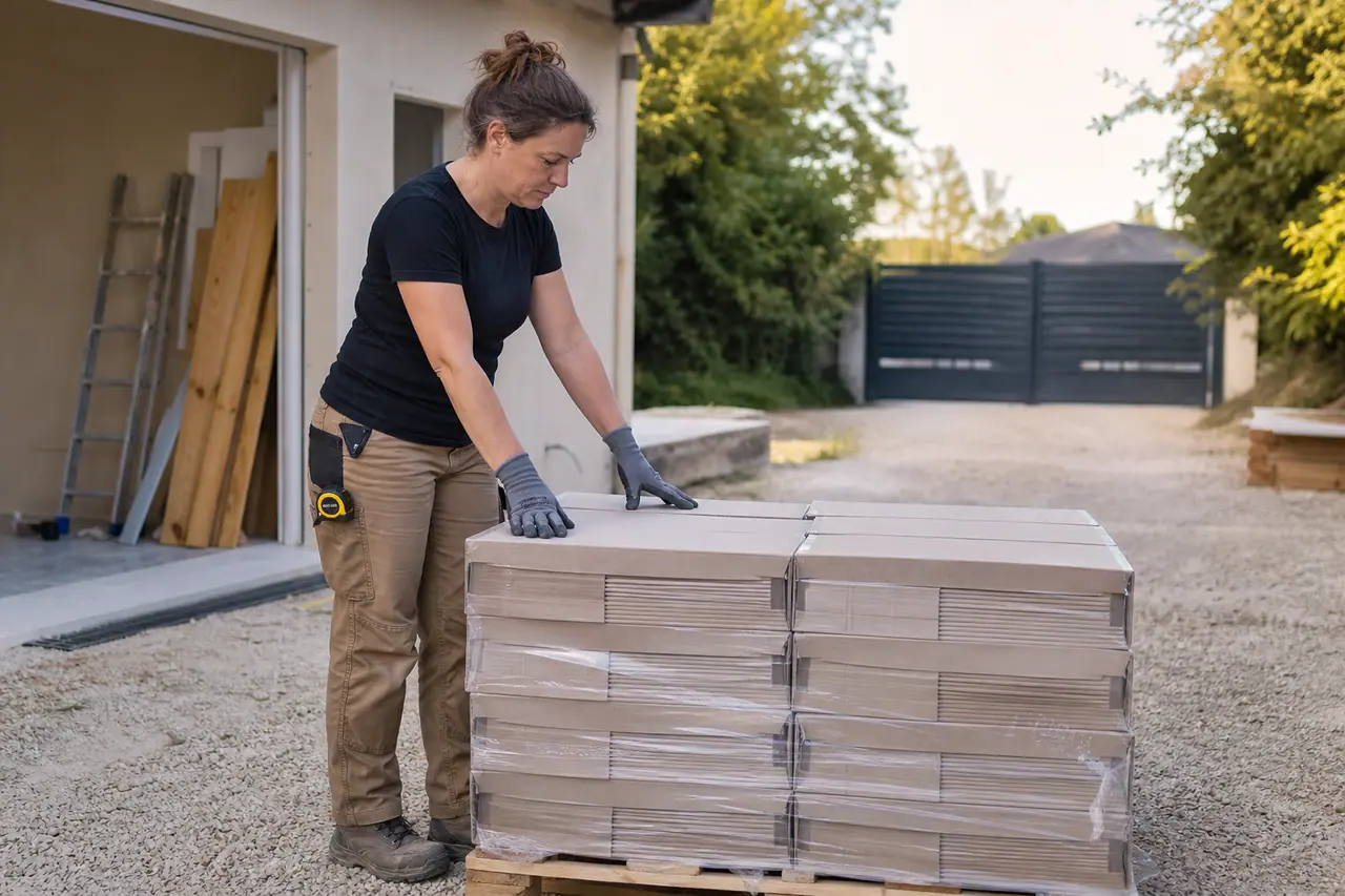 Bricoleuse contrôlant des cartons de carrelage livrés sur palette dans une cour.