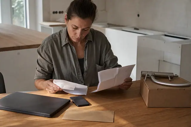 Client classant ses justificatifs près d’un carton de robinetterie non livré.