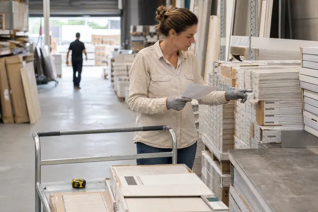 Cliente vérifiant les références de cartons de carrelage avant un achat en liquidation.