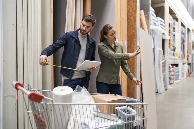 Couple préparant ses achats de matériaux dans une allée de bricolage.