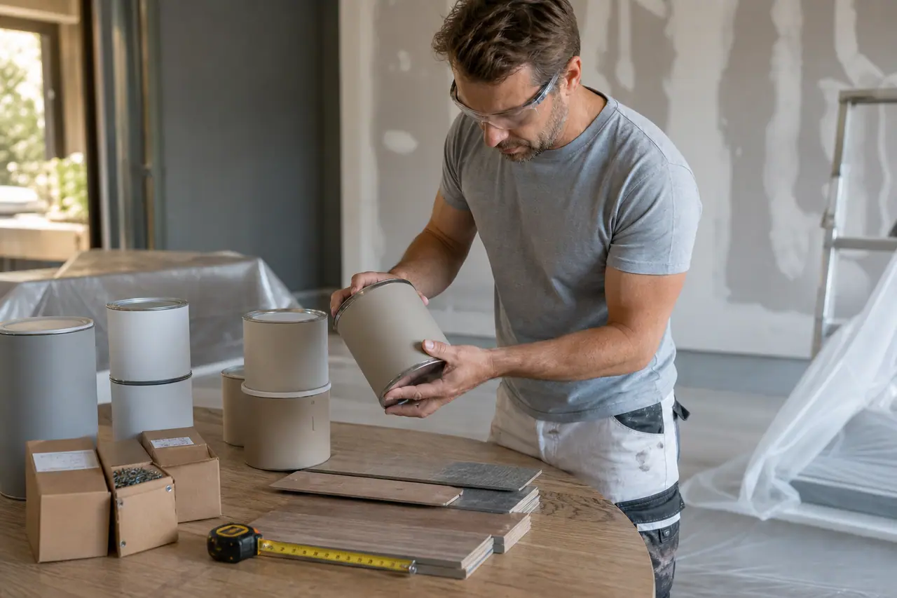 Bricoleur comparant des matériaux équivalents pour préparer son panier de rénovation