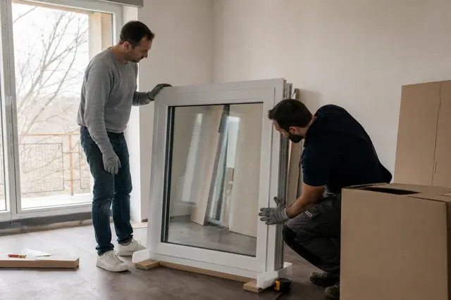 Particulier et artisan vérifiant une fenêtre neuve avant sa pose.