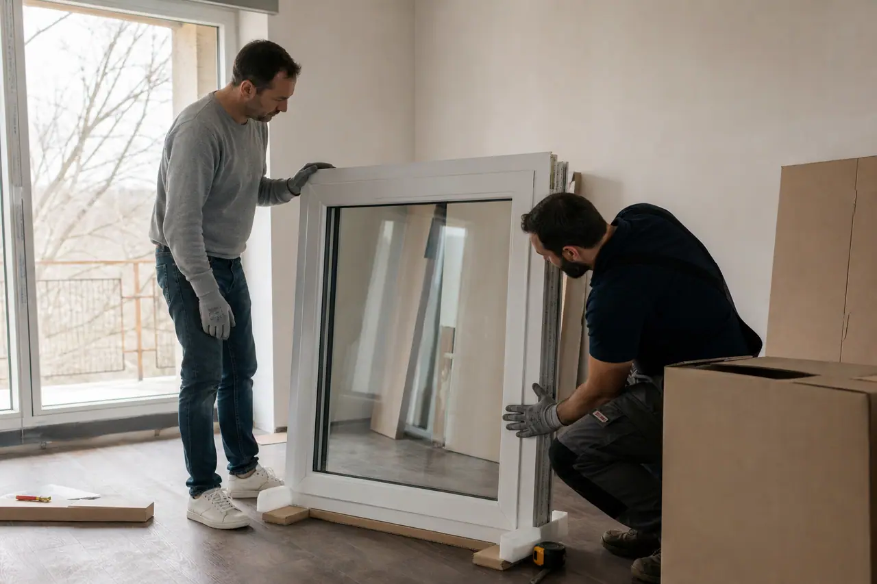 Particulier et artisan vérifiant une fenêtre neuve avant sa pose.
