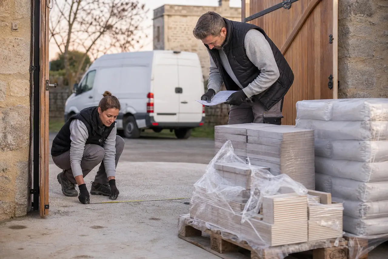 Couple mesurant l’accès du chantier avant une livraison de matériaux sur palette.