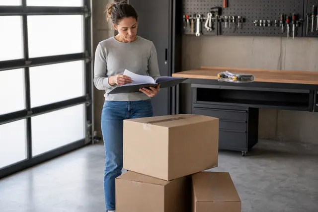 Cliente examinant des cartons de bricolage non livrés dans son garage