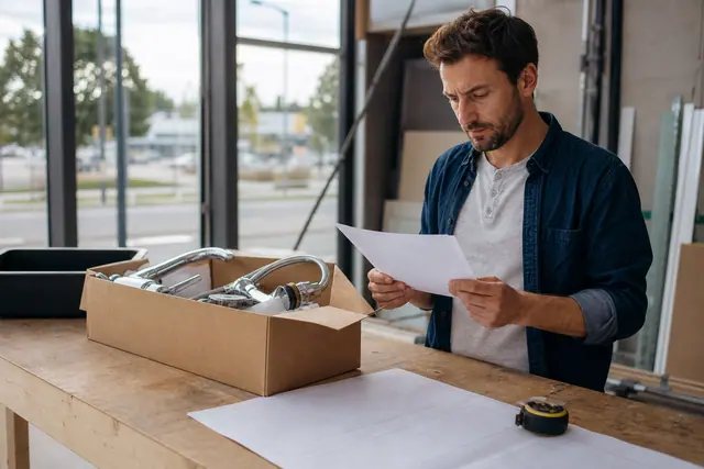 Client vérifiant une commande de robinetterie devant un magasin de bricolage fermé.