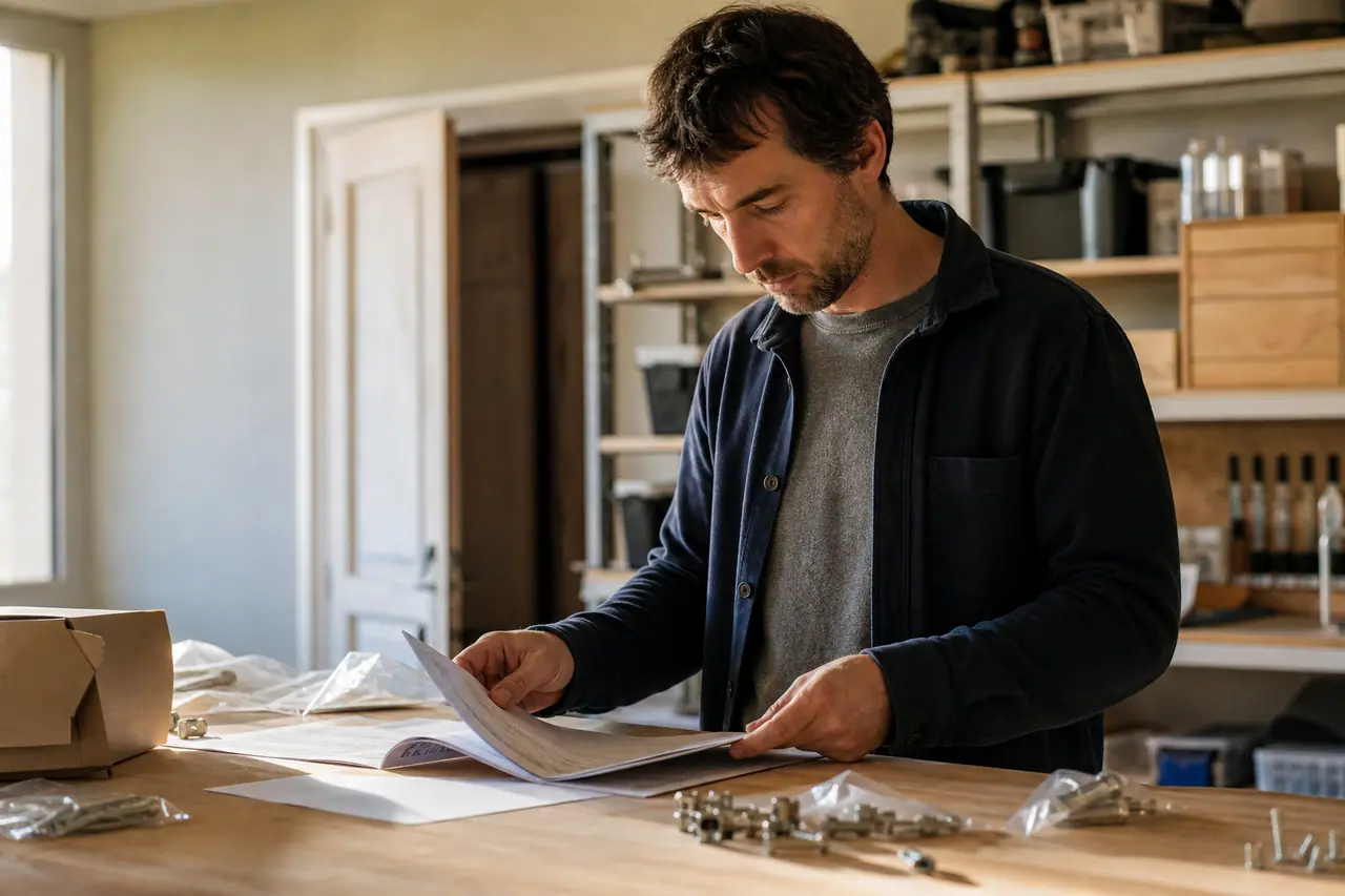 Client classe factures et pièces de bricolage sur un établi domestique.