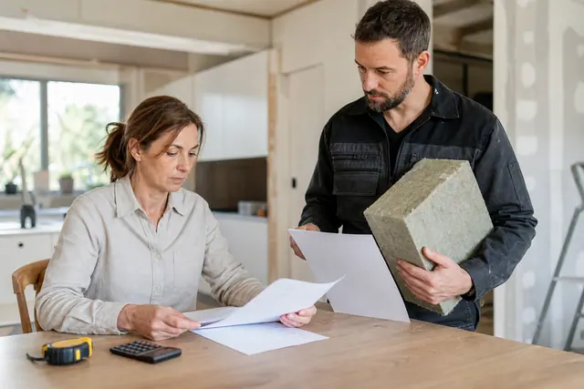 Propriétaire vérifiant deux devis de rénovation avec un artisan et un échantillon d’isolant.
