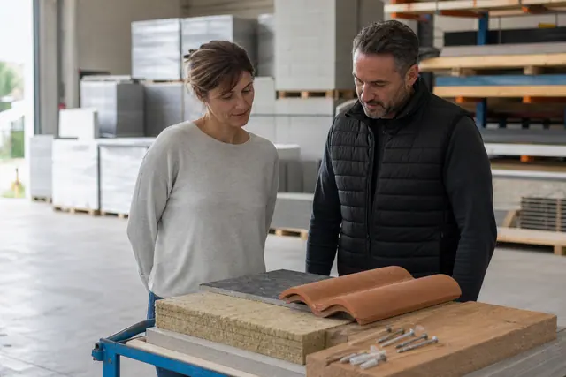 Cliente et conseiller comparent des matériaux de rénovation dans un dépôt régional.