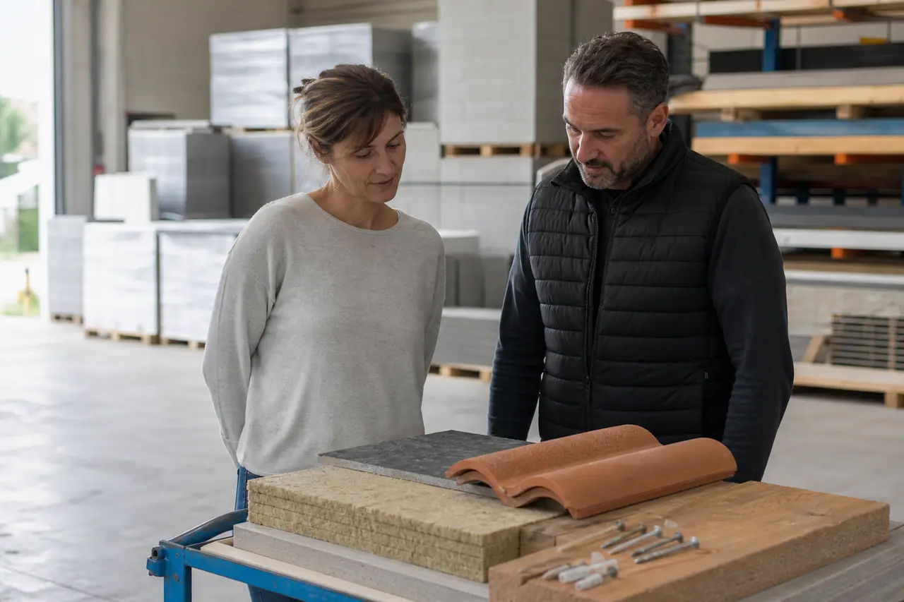 Cliente et conseiller comparent des matériaux de rénovation dans un dépôt régional.