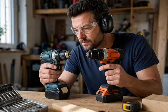 Bricoleur comparant deux perceuses sans fil sur un établi bien rangé.