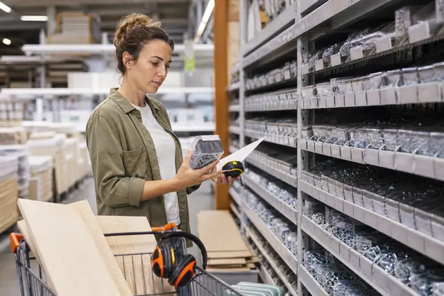 Bricoleuse comparant une boîte de vis et un mètre dans un magasin