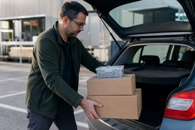 Client chargeant des cartons d’outillage dans son coffre près d’un magasin.