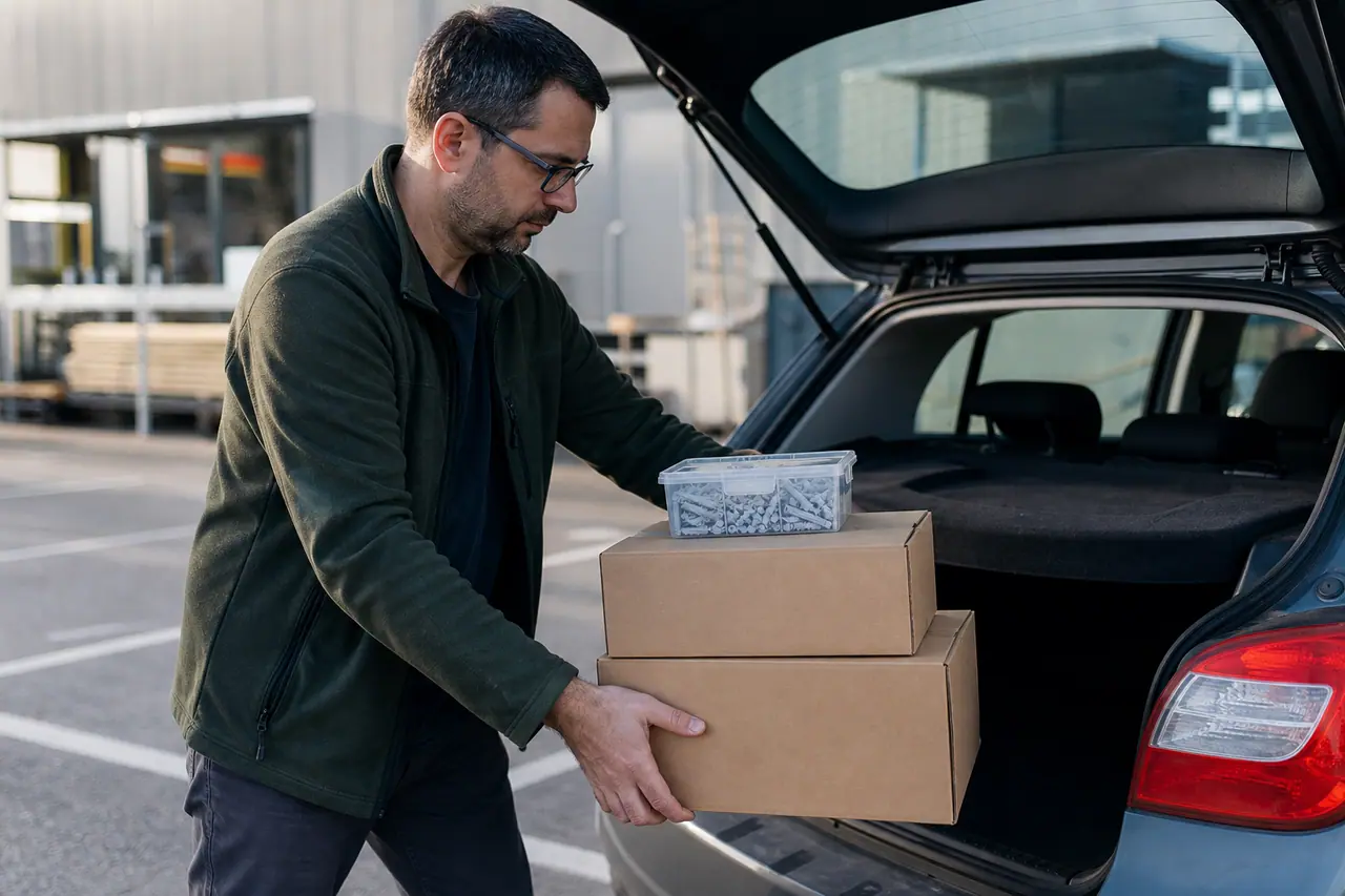 Client chargeant des cartons d’outillage dans son coffre près d’un magasin.