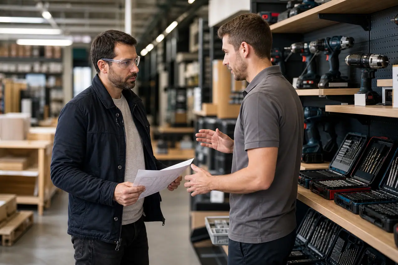 Client échangeant avec un conseiller devant des outils électroportatifs en magasin.