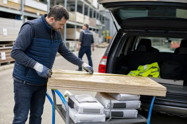 Client vérifiant panneaux de bois et sacs de mortier avant chargement.