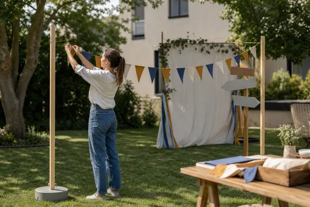 Fanions textiles et panneaux installés dans un jardin pour une fête extérieure